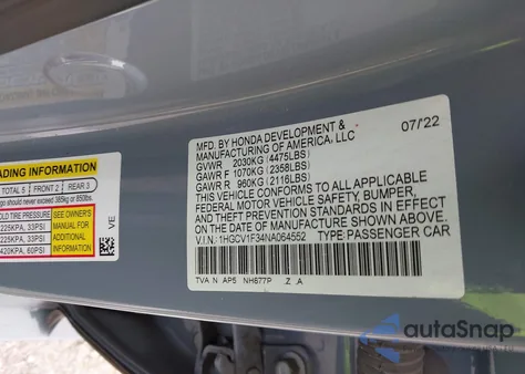 2022 Honda Accord Sport z USA, uszkodzony, nr VIN 1HGCV1F34NA064552